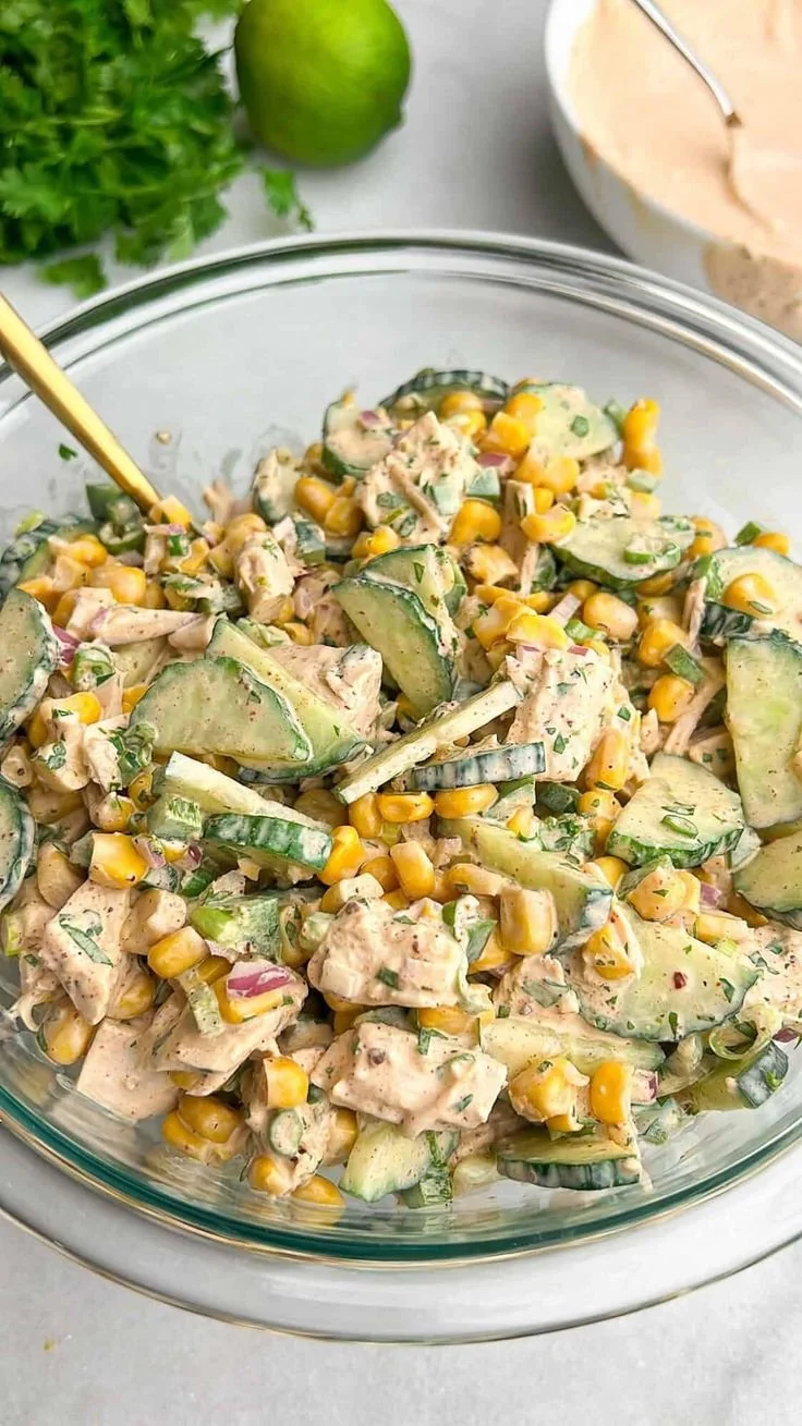 Street Corn Creamy Cucumber Salad bowl with fresh ingredients on a wooden table