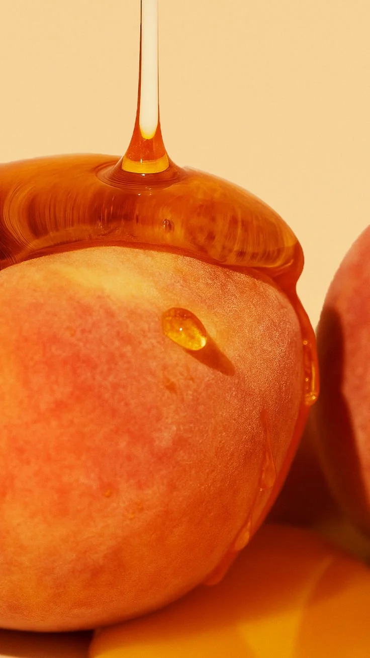 Fresh sweet peaches on a wooden table, showcasing their juicy and vibrant colors.