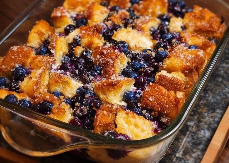 Delicious Blueberry French Toast Casserole topped with fresh blueberries