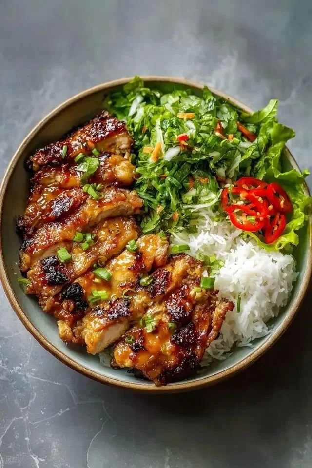 Plate of Vietnamese lemongrass chicken served with rice and vegetables