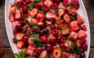 Watermelon fruit salad with lime mint dressing in a bowl