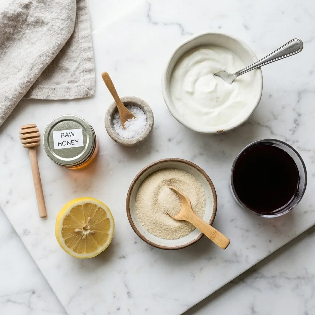 Bariatric gelatin recipe ingredients laid out on a marble surface including gelatin, Greek yogurt, and cherry juice