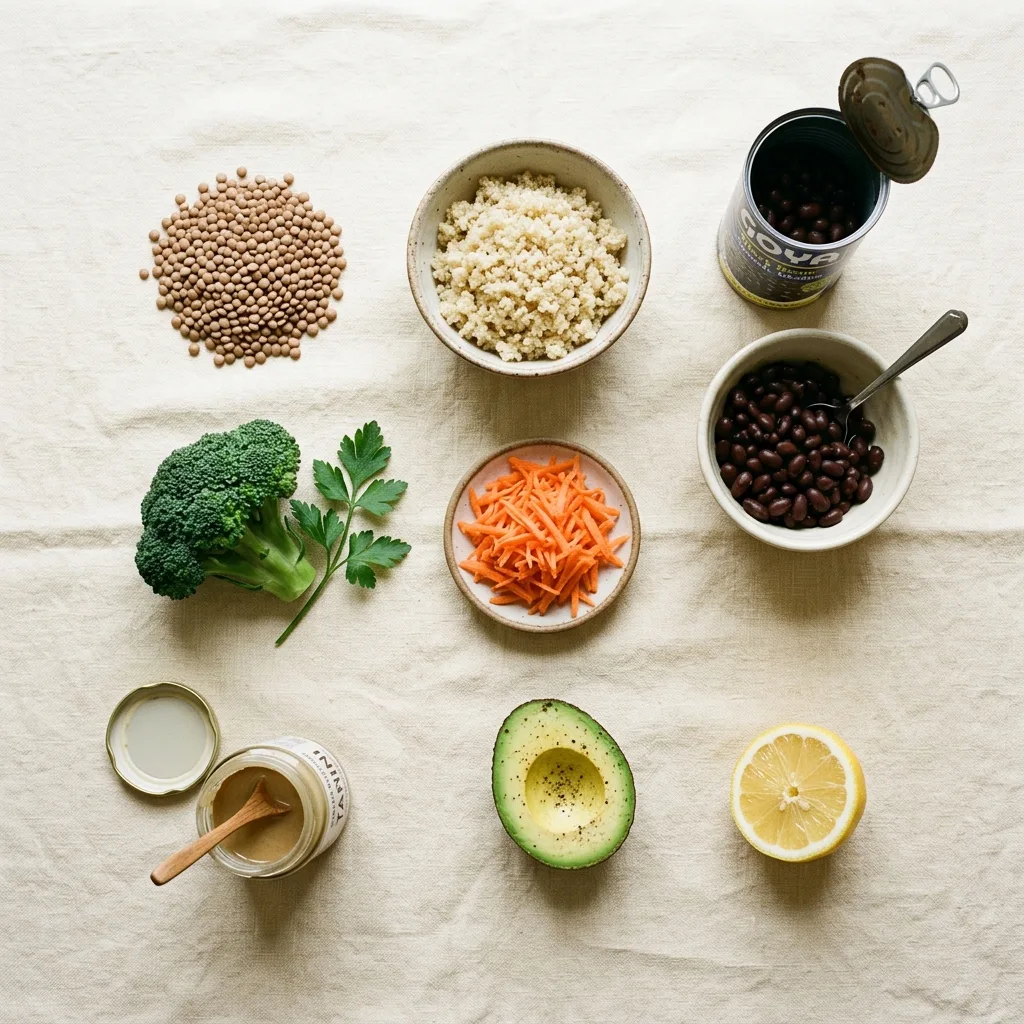 Ingredients for fiber maxxing for weight loss recipe including lentils, black beans, quinoa, broccoli, avocado, and chia seeds on cream linen