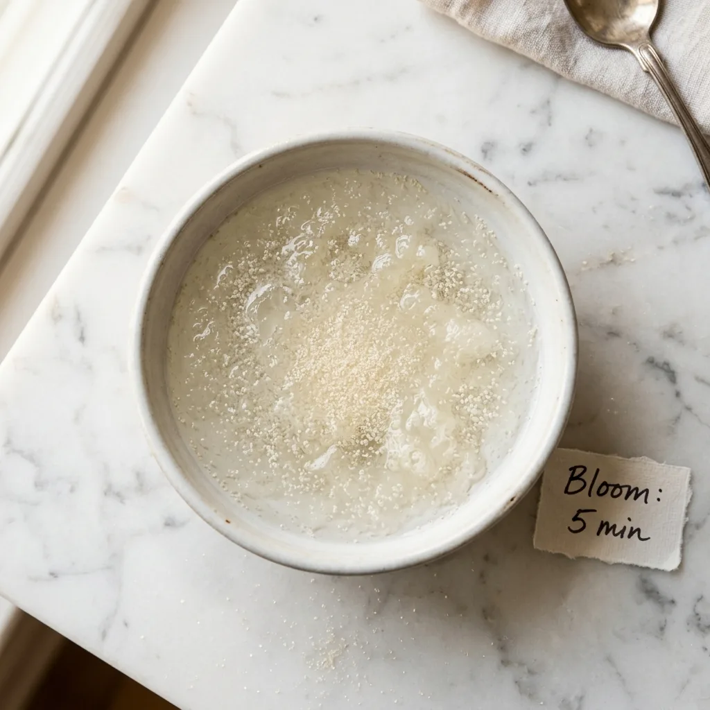 Blooming gelatin powder in cold water — first step in Dr Gupta gelatin vs collagen for weight loss recipe