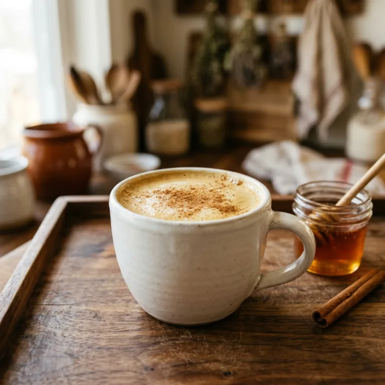Sanjay Gupta Chai Tea in a white mug with honey and cinnamon on a wooden tray