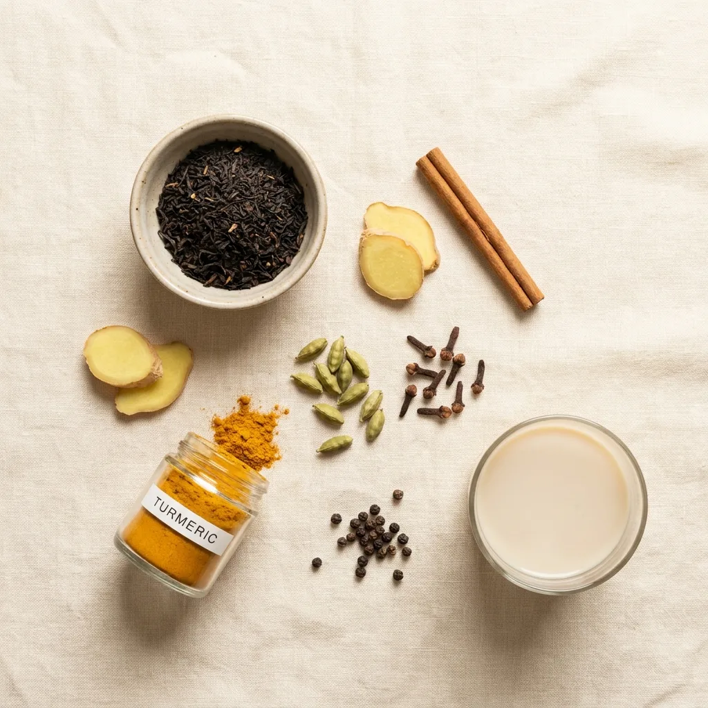 Sanjay Gupta Chai Tea ingredients laid out on cream linen including spices and oat milk