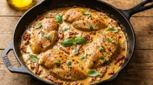 Recipe Marry Me Chicken in a cast iron skillet with creamy sun-dried tomato sauce and fresh basil