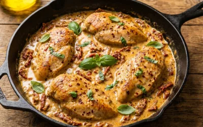 Recipe Marry Me Chicken in a cast iron skillet with creamy sun-dried tomato sauce and fresh basil