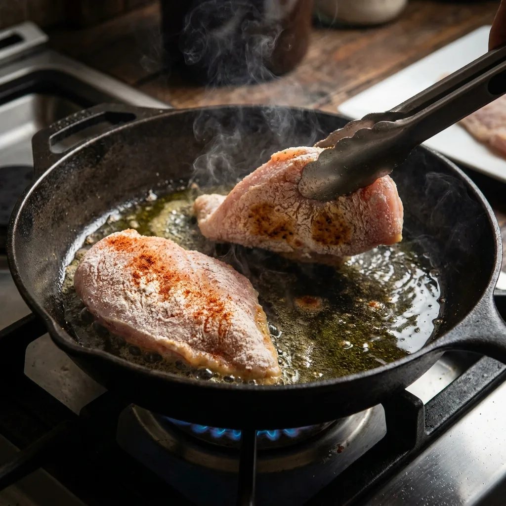 Searing flour-dusted seasoned chicken breasts in a hot cast iron skillet — step one of recipe Marry Me Chicken
