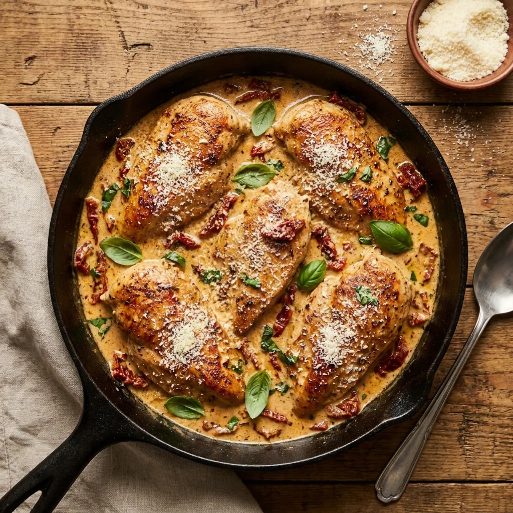 Finished recipe Marry Me Chicken in skillet with creamy sauce, Parmesan, and fresh basil ready to serve