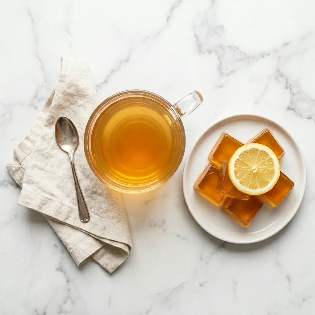 Ingredients for Dr Gupta gelatin recipe for weight loss including gelatin powder, lemon juice, and pomegranate juice