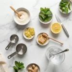 Flat-lay recipe card for Dr Gupta gelatin recipe for weight loss with unflavored gelatin, lemon, and water on marble