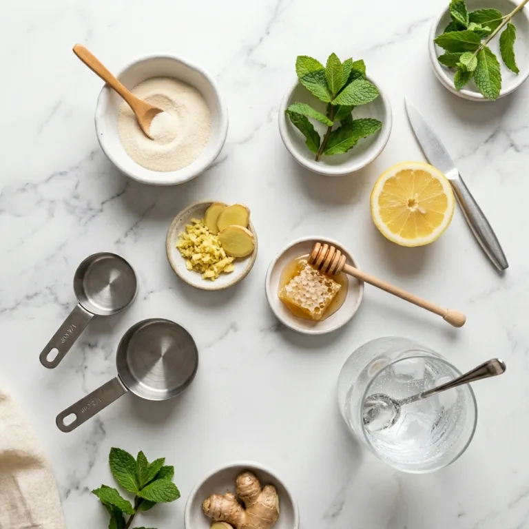 Flat-lay recipe card for Dr Gupta gelatin recipe for weight loss with unflavored gelatin, lemon, and water on marble