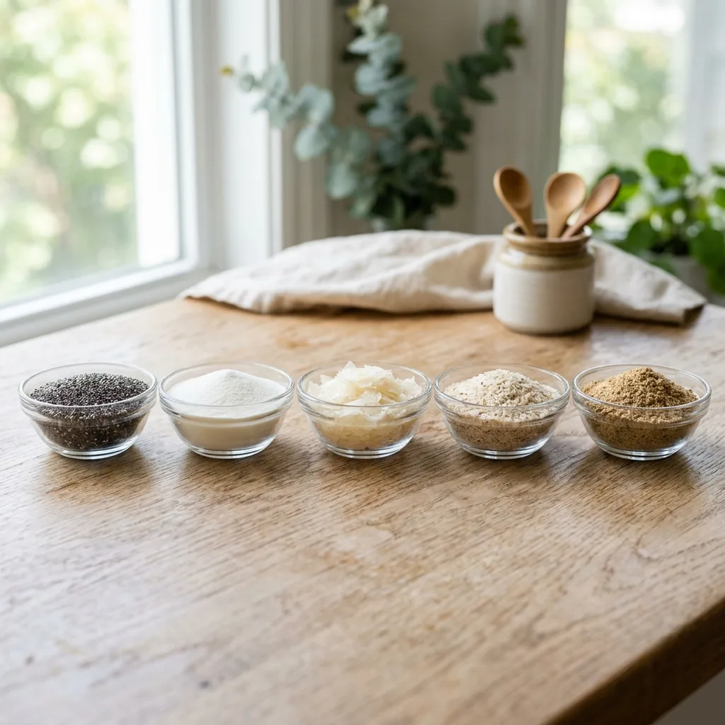 Five gelatin weight loss alternative ingredients lined up in small bowls for step one selection