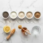 Overhead shot of five gelatin weight loss alternatives in small dishes with lemon on marble surface