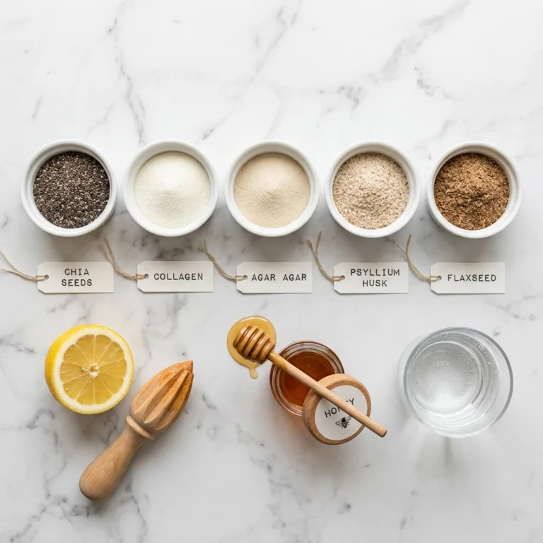 Overhead shot of five gelatin weight loss alternatives in small dishes with lemon on marble surface