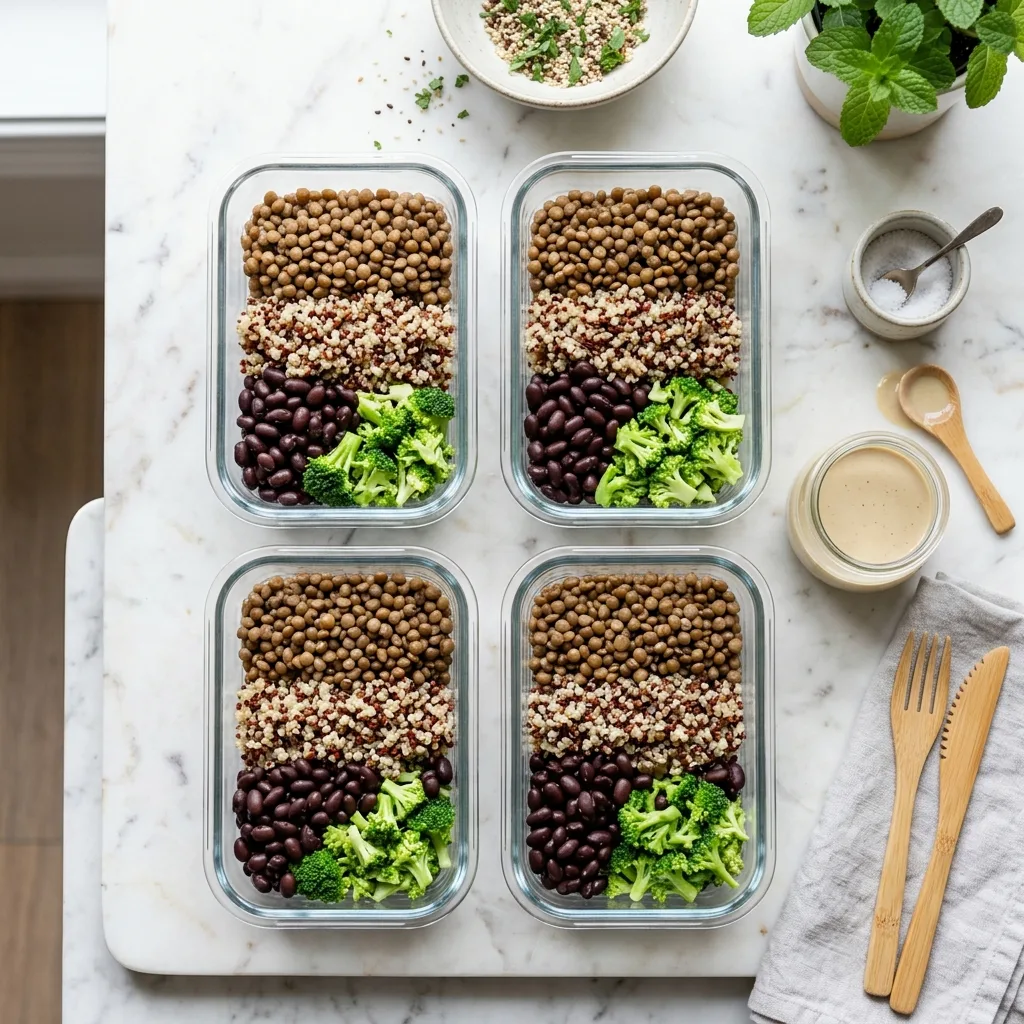 Meal prep containers with fiber maxxing for weight loss recipe components including lentils, quinoa, and black beans
