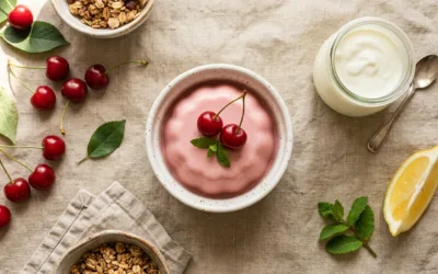 Bariatric gelatin recipe for weight loss served in a white ramekin with cherries and lemon