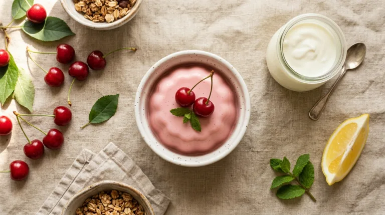 Bariatric gelatin recipe for weight loss served in a white ramekin with cherries and lemon