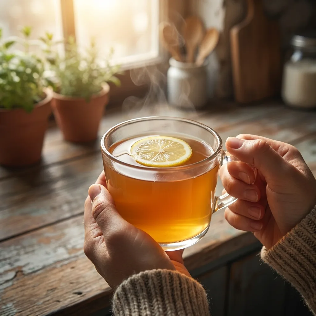 Finished Serena Williams gelatin trick pre-meal drink in a clear glass mug, warm and ready to drink before a meal
