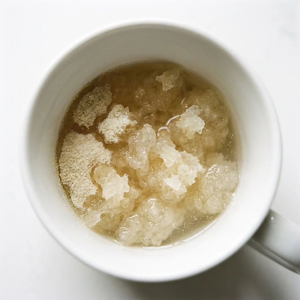 Blooming unflavored gelatin powder in cold water in a white mug — step one of the Serena Williams gelatin trick