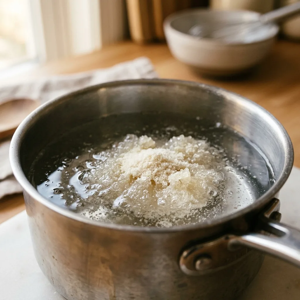 Unflavored gelatin powder blooming in cold water in a small saucepan