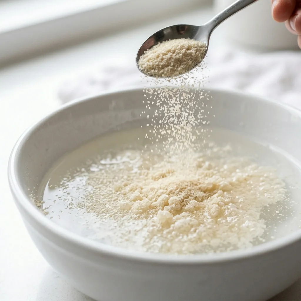 Blooming gelatin powder in cold water — step 1 of the Jillian Michaels gelatin hack