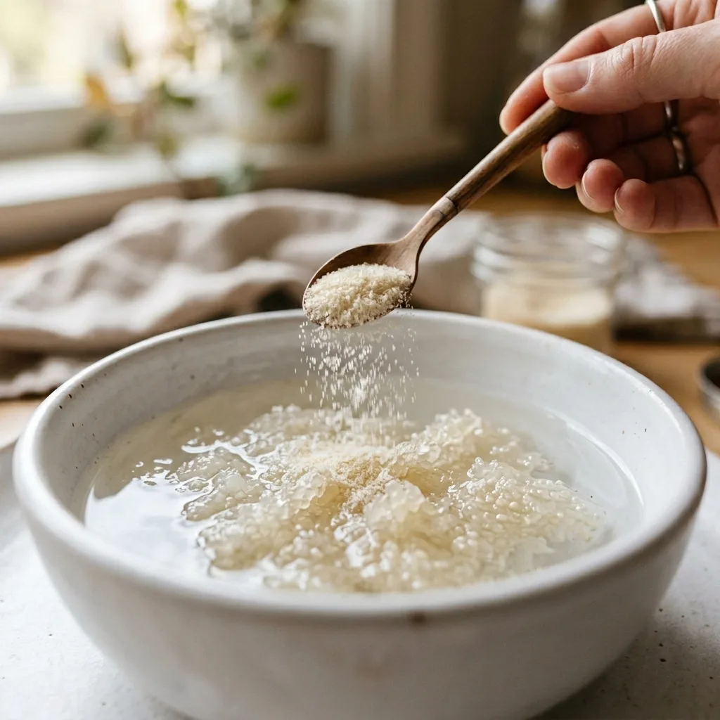 Gelatin powder blooming in cold water — part of gelatin weight loss FAQ recipe preparation step one