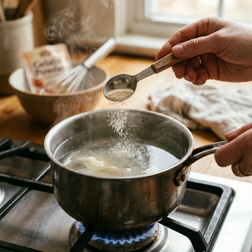 Gelatin powder blooming in cold water in a small saucepan