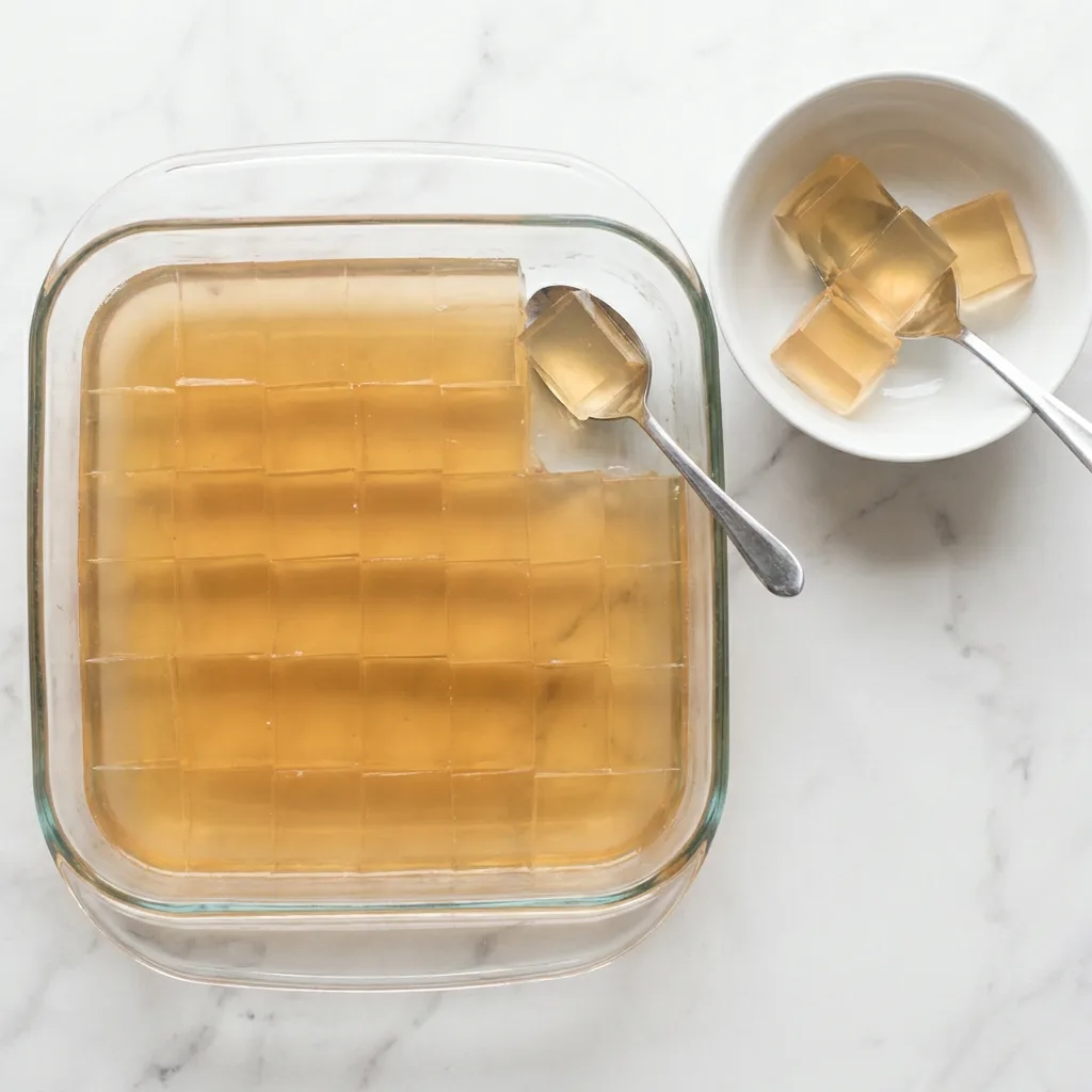 Batch-prepped jello recipe for weight loss cubes in glass dish and white bowl