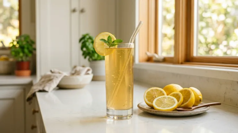 Glass of Dr Gupta gelatin drink showing gelatin weight loss results on kitchen counter