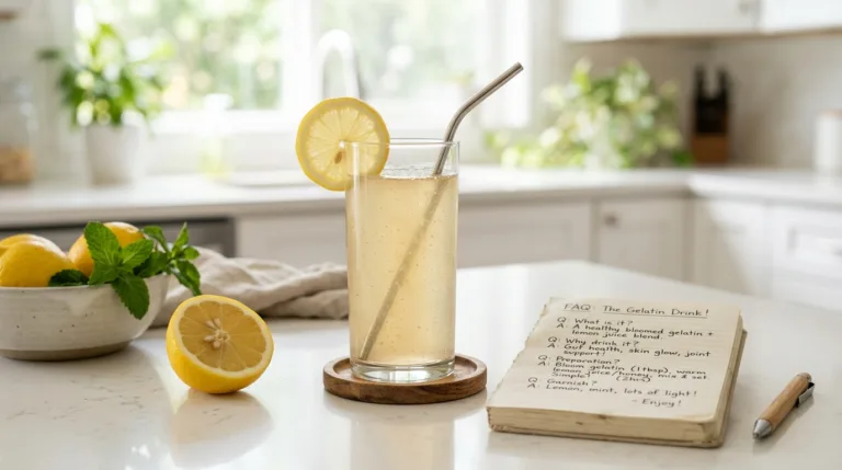 Gelatin weight loss FAQ guide showing glass of gelatin drink with lemon on a bright kitchen counter