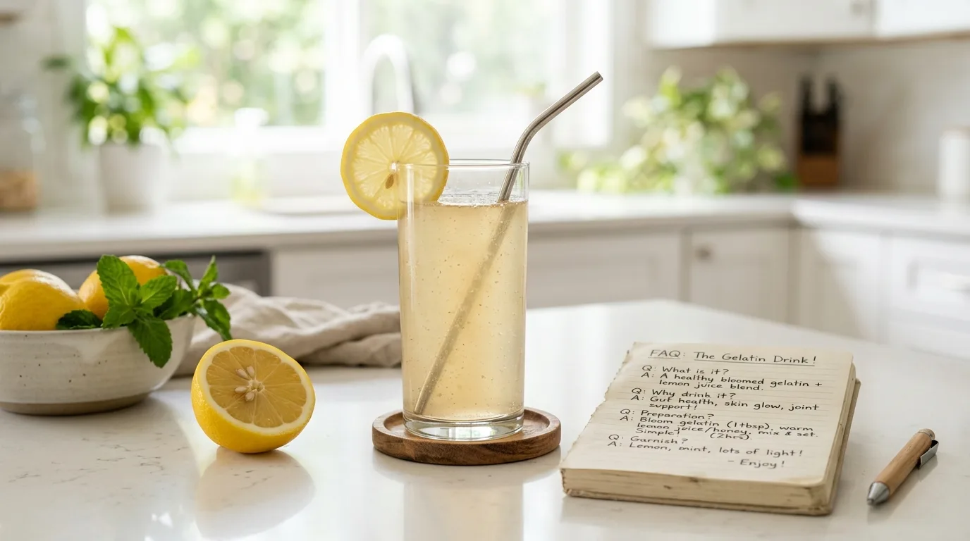 Gelatin weight loss FAQ guide showing glass of gelatin drink with lemon on a bright kitchen counter