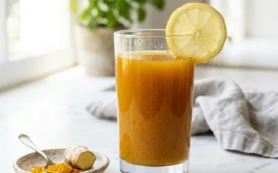 Homemade botox natural collagen drink in a tall glass with lemon and ginger on marble counter