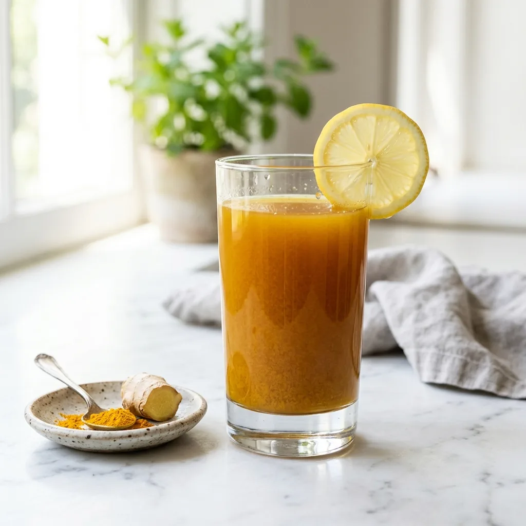 Homemade botox natural collagen drink in a tall glass with lemon and ginger on marble counter