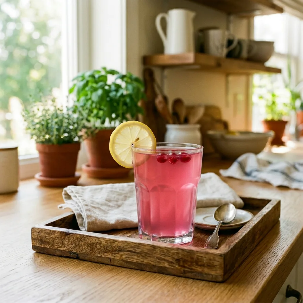Finished Dr William Li pink gelatin recipe poured into a glass garnished with pomegranate and lemon ready to serve before a meal
