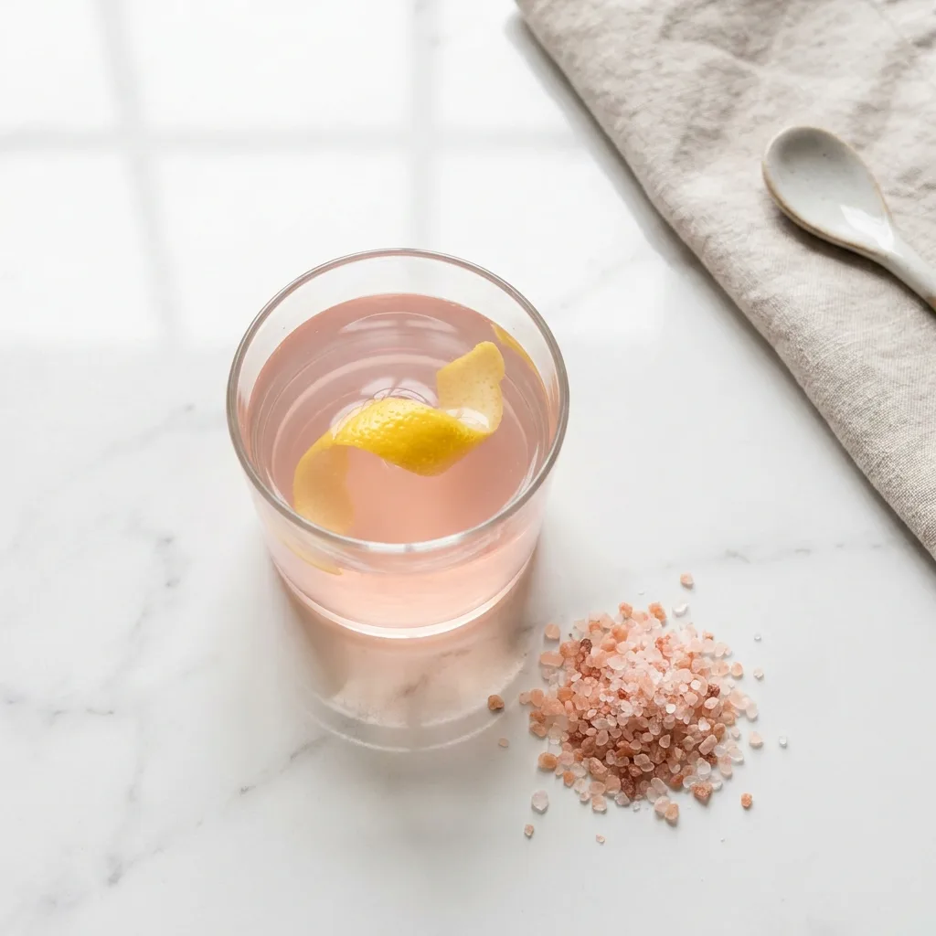 Fasting-safe version of pink salt trick recipe with lemon peel instead of juice on marble surface