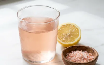 Pink salt trick recipe in a glass with lemon and Himalayan salt crystals on marble counter