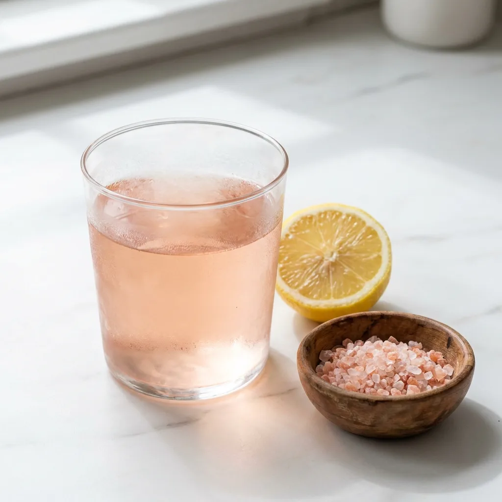 Pink salt trick recipe in a glass with lemon and Himalayan salt crystals on marble counter