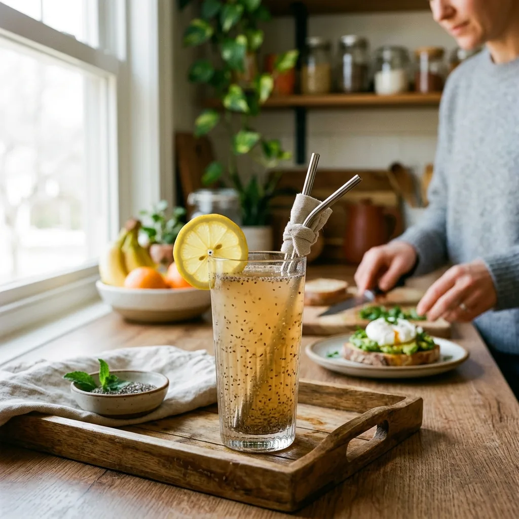 Glass of chia lemon wellness drink as gelatin weight loss alternative ready to serve before a meal step three