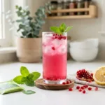 Dr William Li gelatin recipe served as a pink wellness drink in a clear glass with pomegranate and lemon on a bright kitchen counter