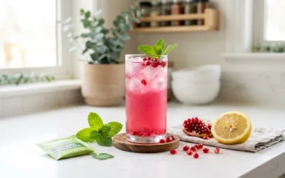 Dr William Li gelatin recipe served as a pink wellness drink in a clear glass with pomegranate and lemon on a bright kitchen counter