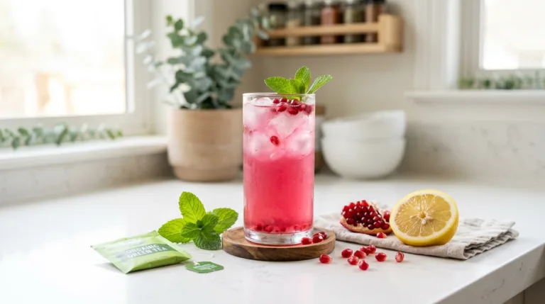 Dr William Li gelatin recipe served as a pink wellness drink in a clear glass with pomegranate and lemon on a bright kitchen counter