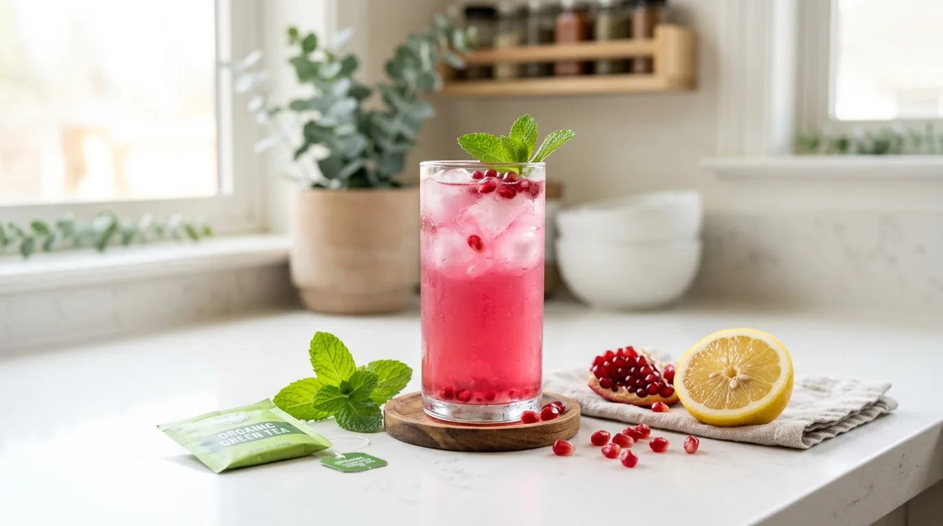 Dr William Li gelatin recipe served as a pink wellness drink in a clear glass with pomegranate and lemon on a bright kitchen counter