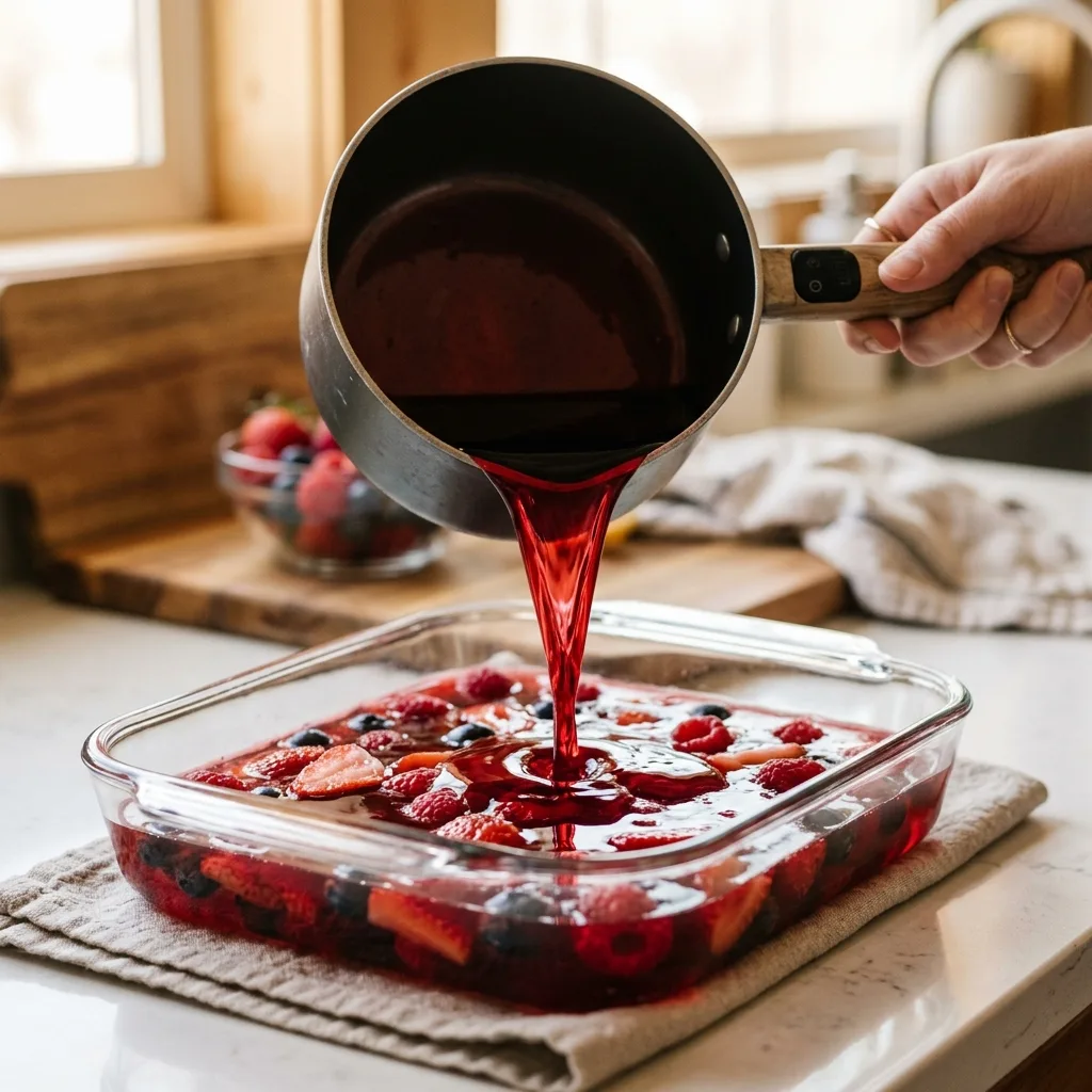 Pouring Dr Gupta gelatin mixture into dish to set — gelatin for weight loss benefits recipe step 3