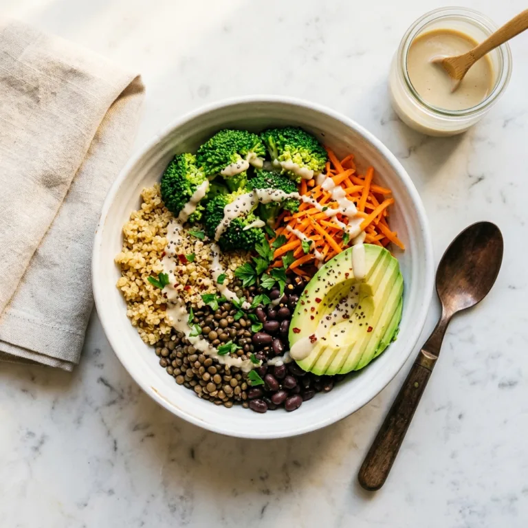 Fiber maxxing for weight loss high-fiber grain bowl with lentils, quinoa, black beans, broccoli, and avocado on white marble