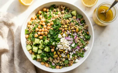 Jennifer Aniston salad in a white bowl with quinoa, chickpeas, cucumber, herbs, and feta
