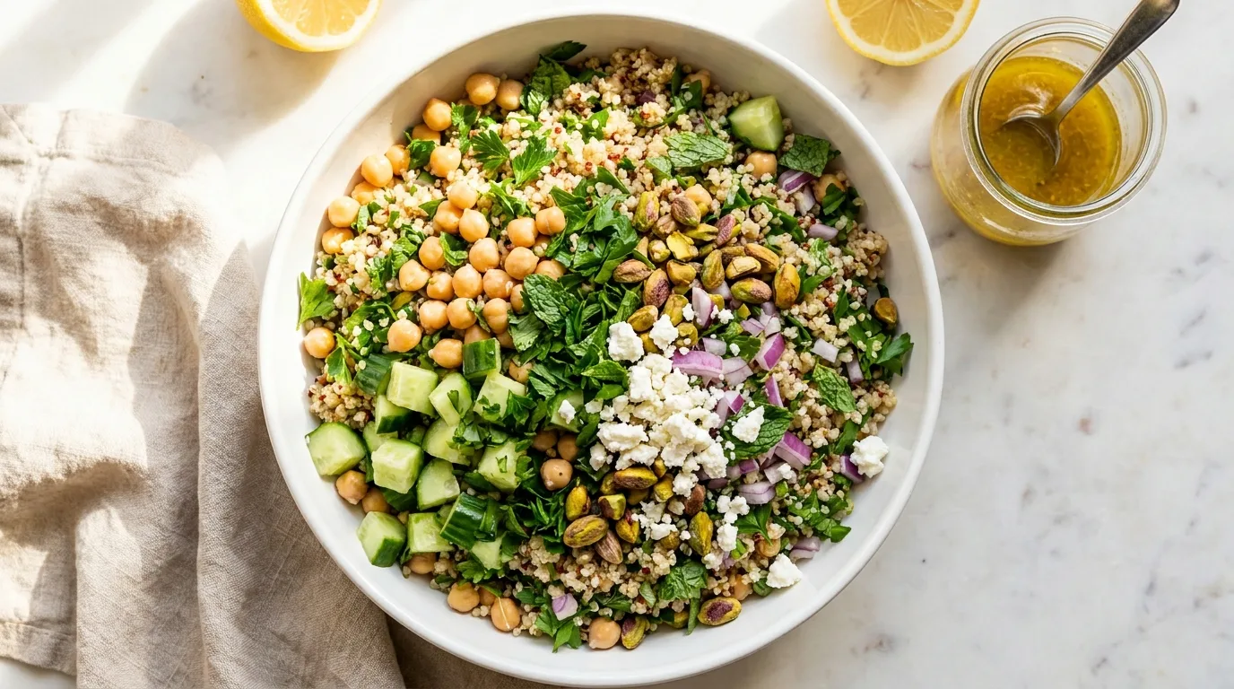 Jennifer Aniston salad in a white bowl with quinoa, chickpeas, cucumber, herbs, and feta