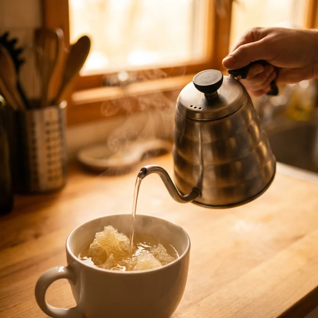  Pouring hot water over bloomed gelatin and stirring until clear — step two of the Serena Williams gelatin trick recipe