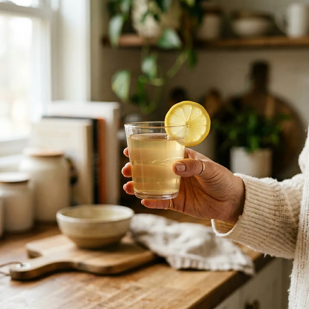  Glass of warm gelatin lemon drink served before meal — gelatin weight loss FAQ recipe step three final serving